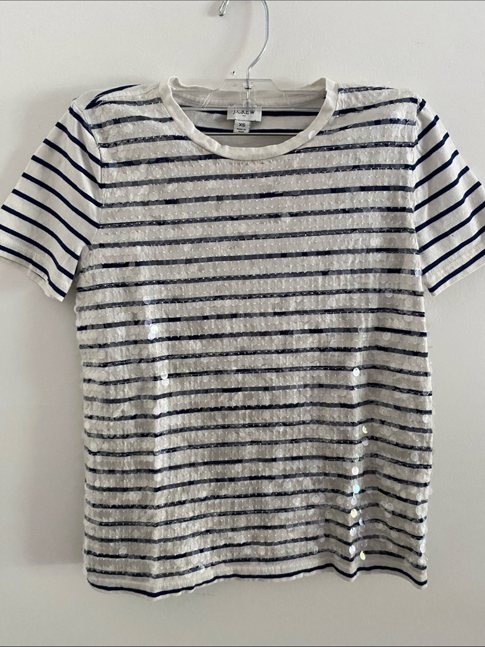 J. Crew White & Navy Striped Short Sleeve Tee With Sequined Front